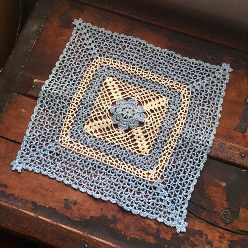 Handmade Crochet Baby Blue & White Square Doily